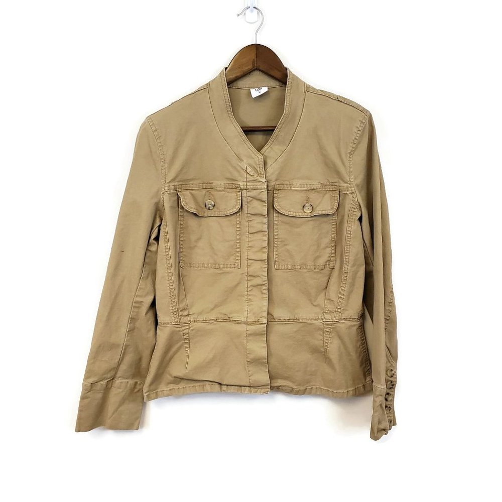 Cabi Womens Tan Canvas Utility Jacket Size M Button Up Flap Pockets Peplum Waist